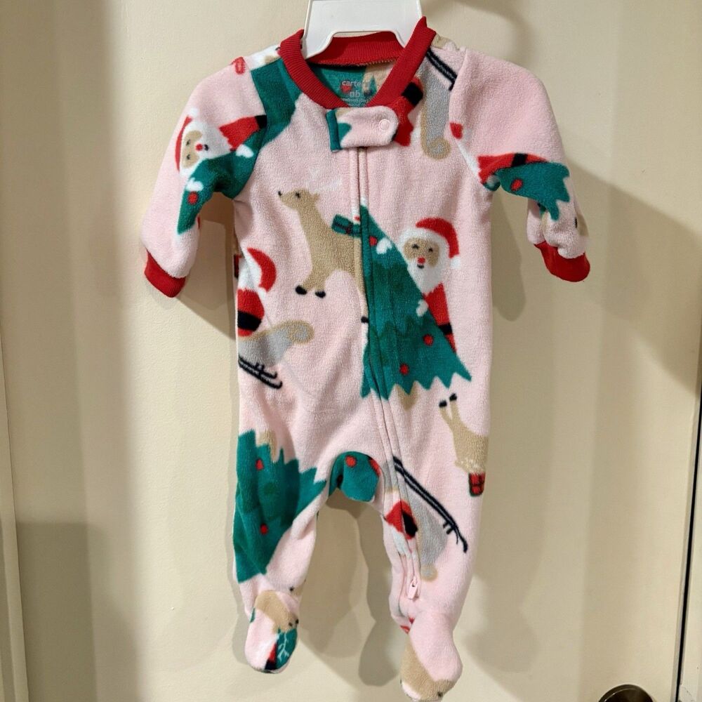 Carter’s fleece Christmas footed pajamas Santa Reindeer Size Newborn